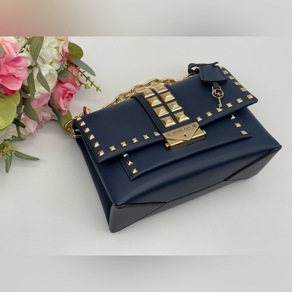 Michael Kors Navy Faux Leather Studs Satchel Shoulder Bag - Picture 7 of 16